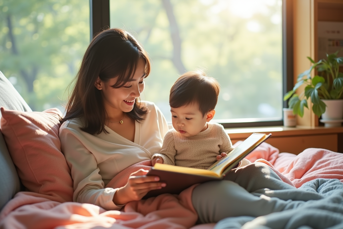 Maman lisant un livre à son bébé dans une chambre moderne