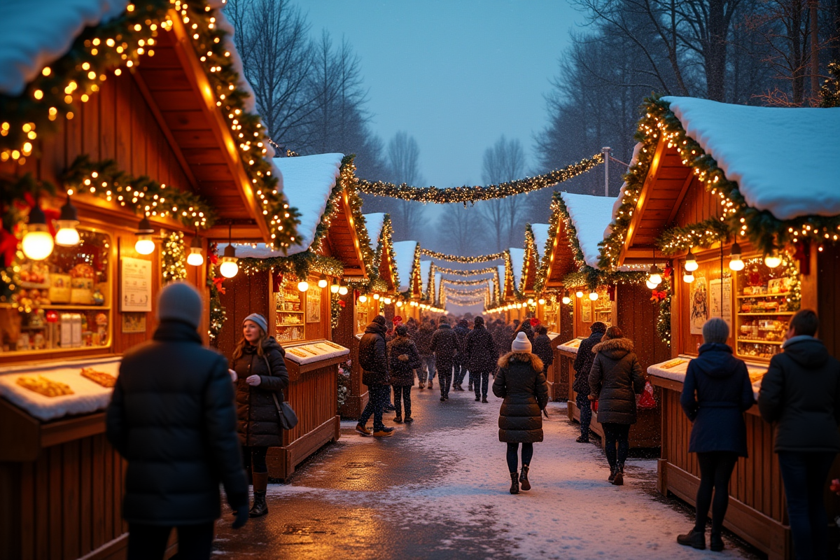Marché de Noël en Allemagne avec stands décorés et ambiance festive