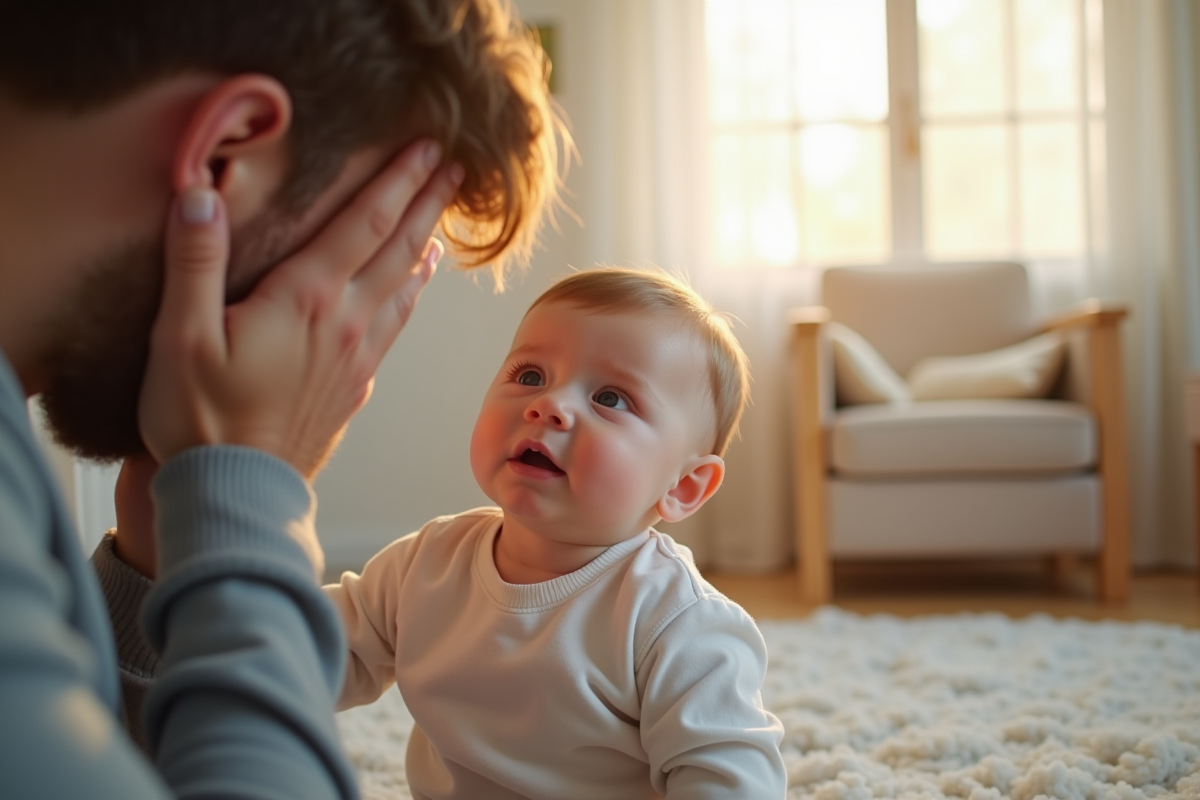Jeune bébé dans une nurserie regardant un père inquiet