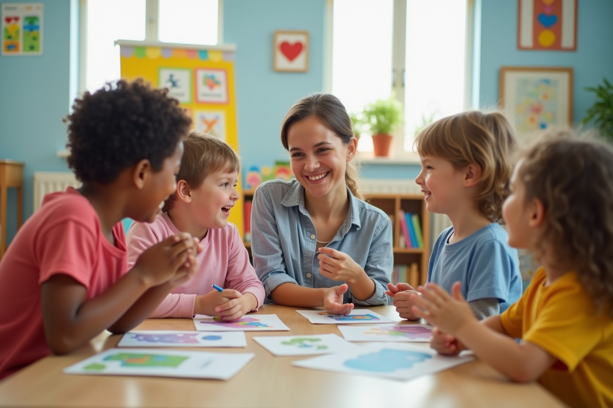 Orthophoniste avec enfants jouant avec des cartes dans une classe lumineuse