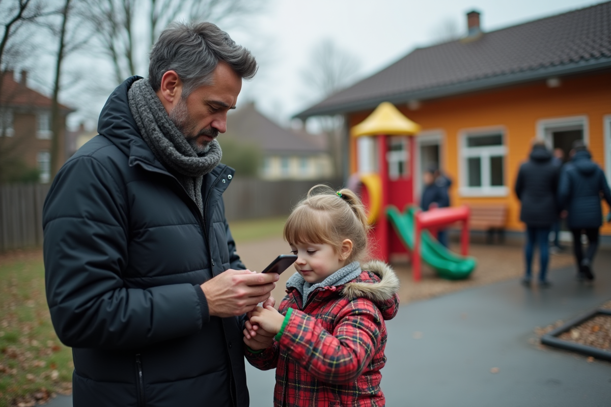 Père avec son enfant devant la garderie en hiver
