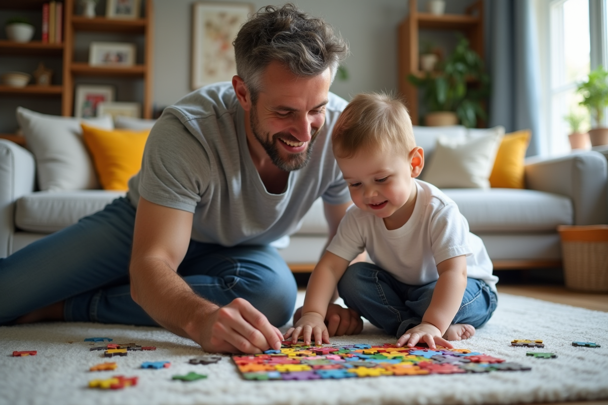 Père et fils jouent avec un puzzle coloré dans le salon