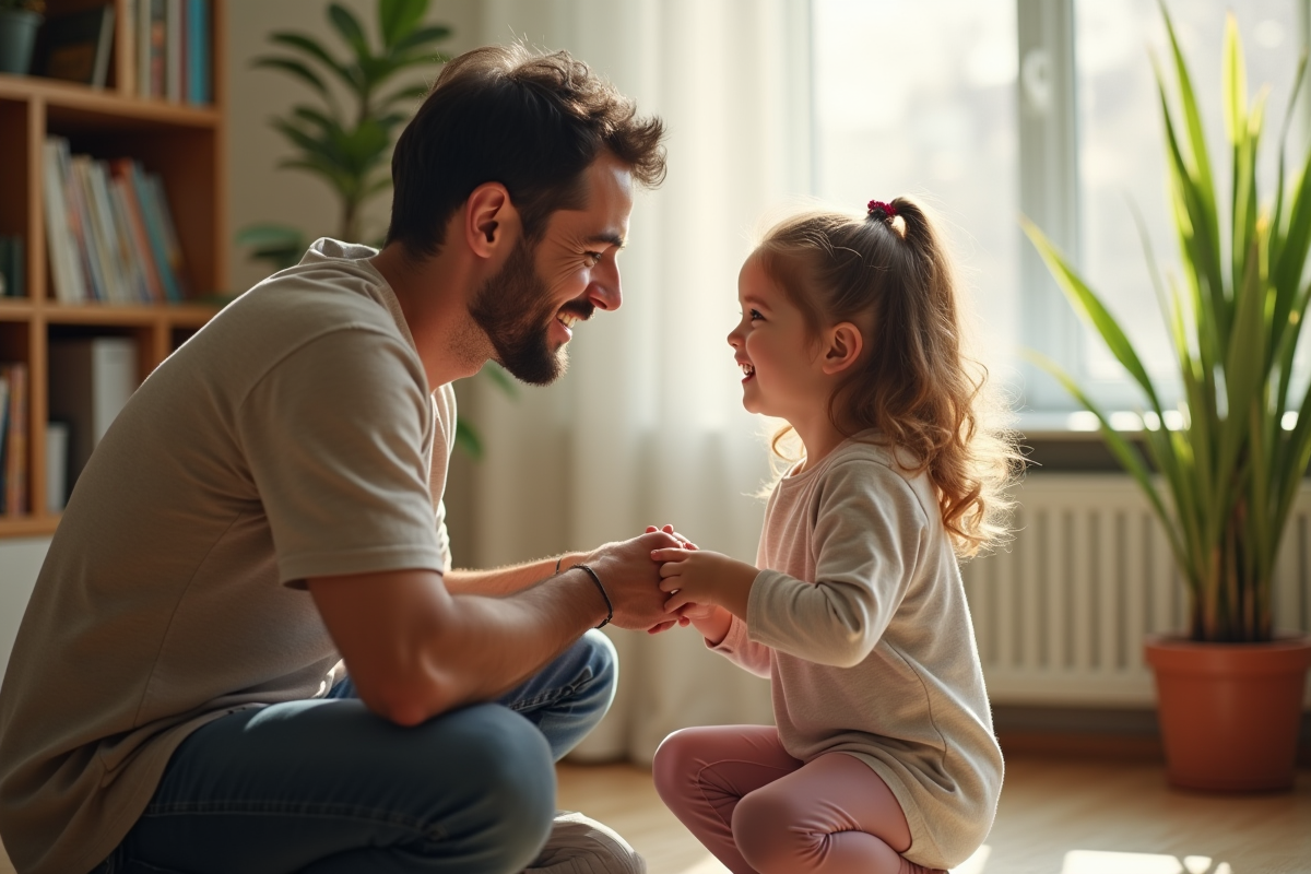 Père et fille souriants à la maison