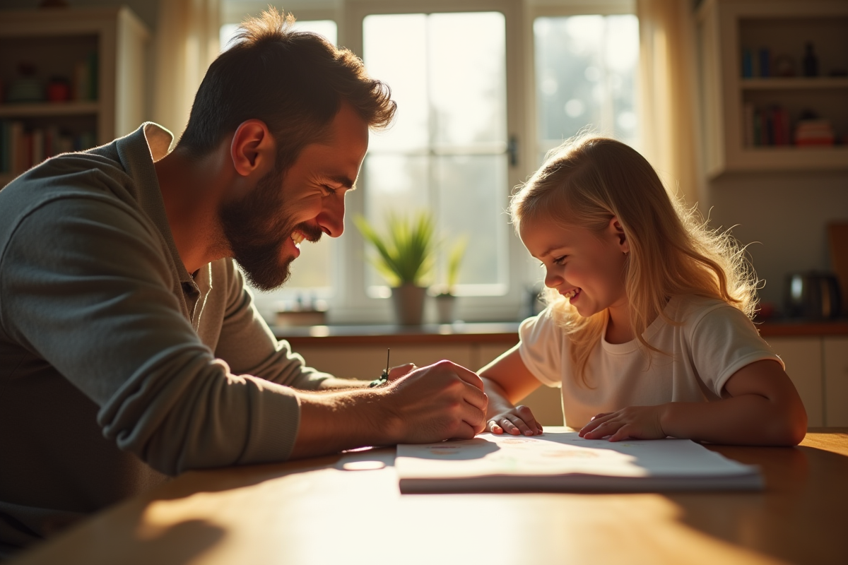 Père recevant un dessin de son enfant à la cuisine
