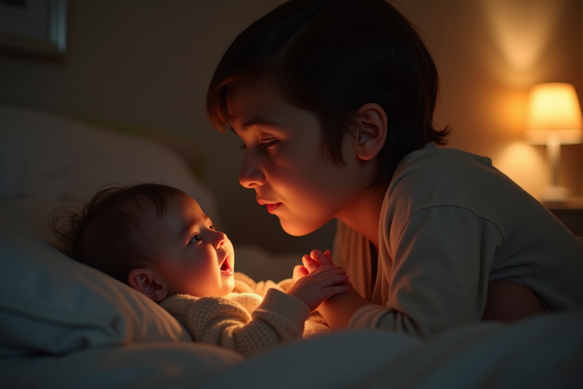 Parent apaisant un bébé agité dans une chambre douce la nuit