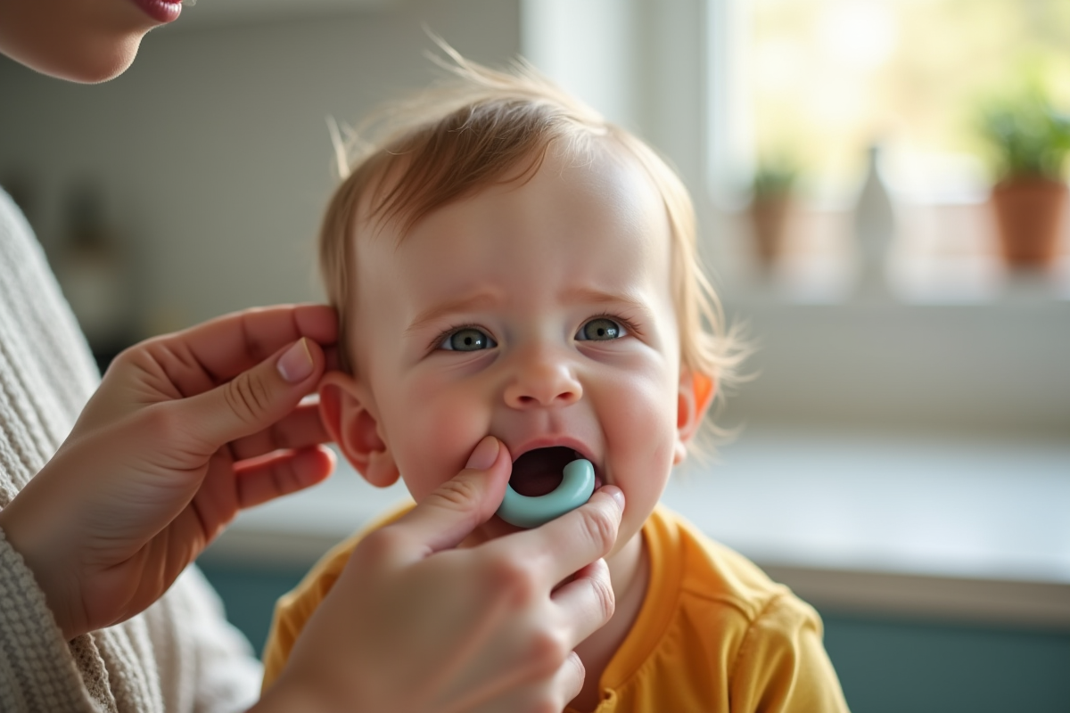 Parent apaisant un bébé en dentition avec anneau de dentition dans la cuisine