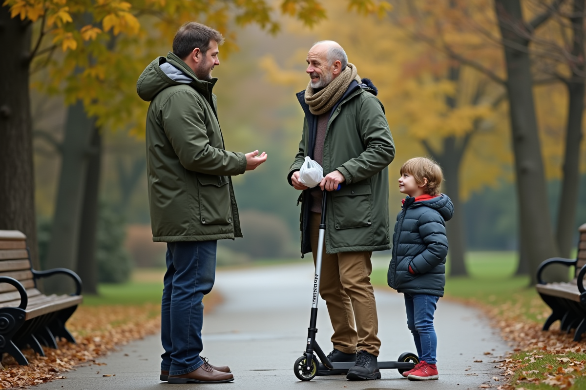 Pere parlant à un voisin avec un enfant en trottinette