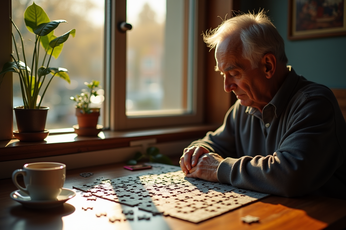 Personne agee concentrée sur un puzzle au cafe au matin
