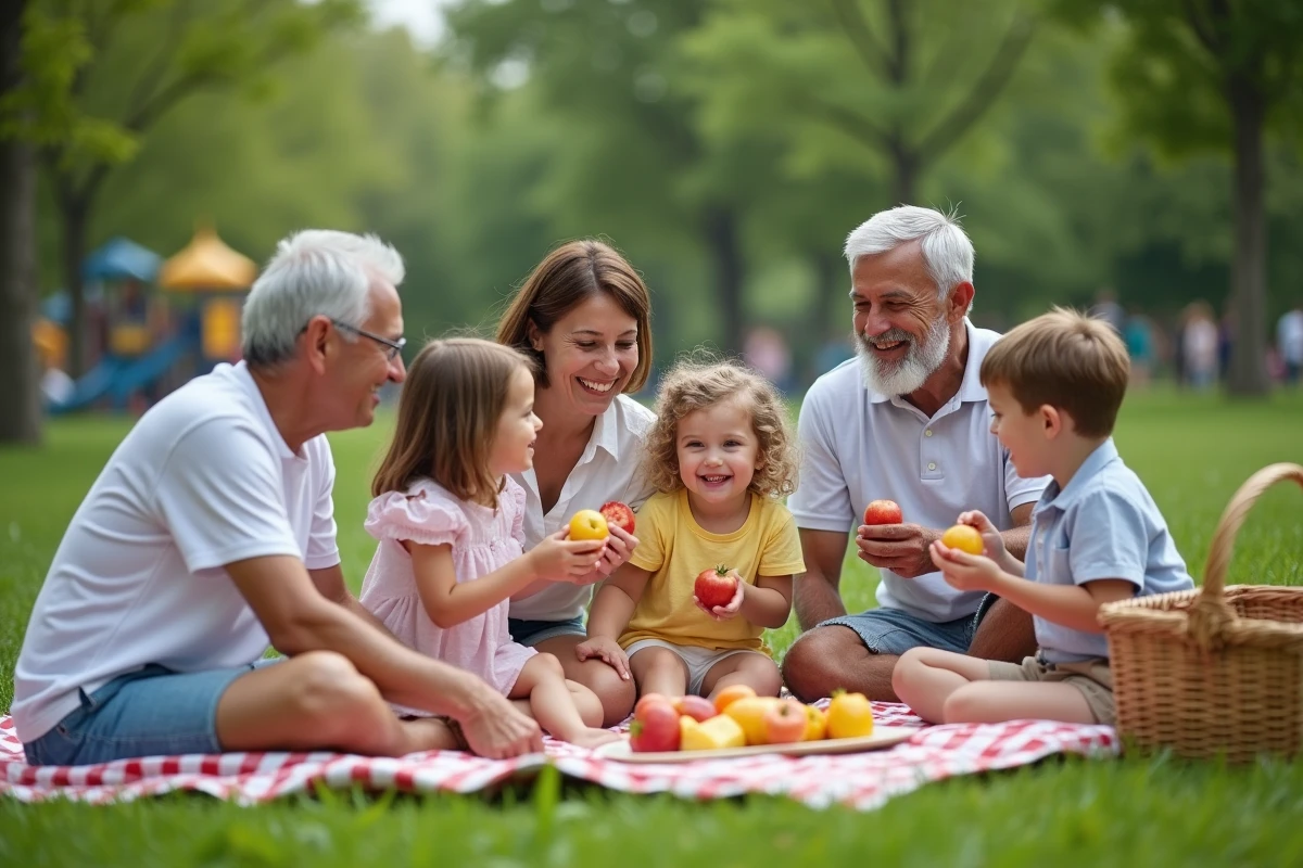 Famille multigeneration partageant un pique-nique dans un parc