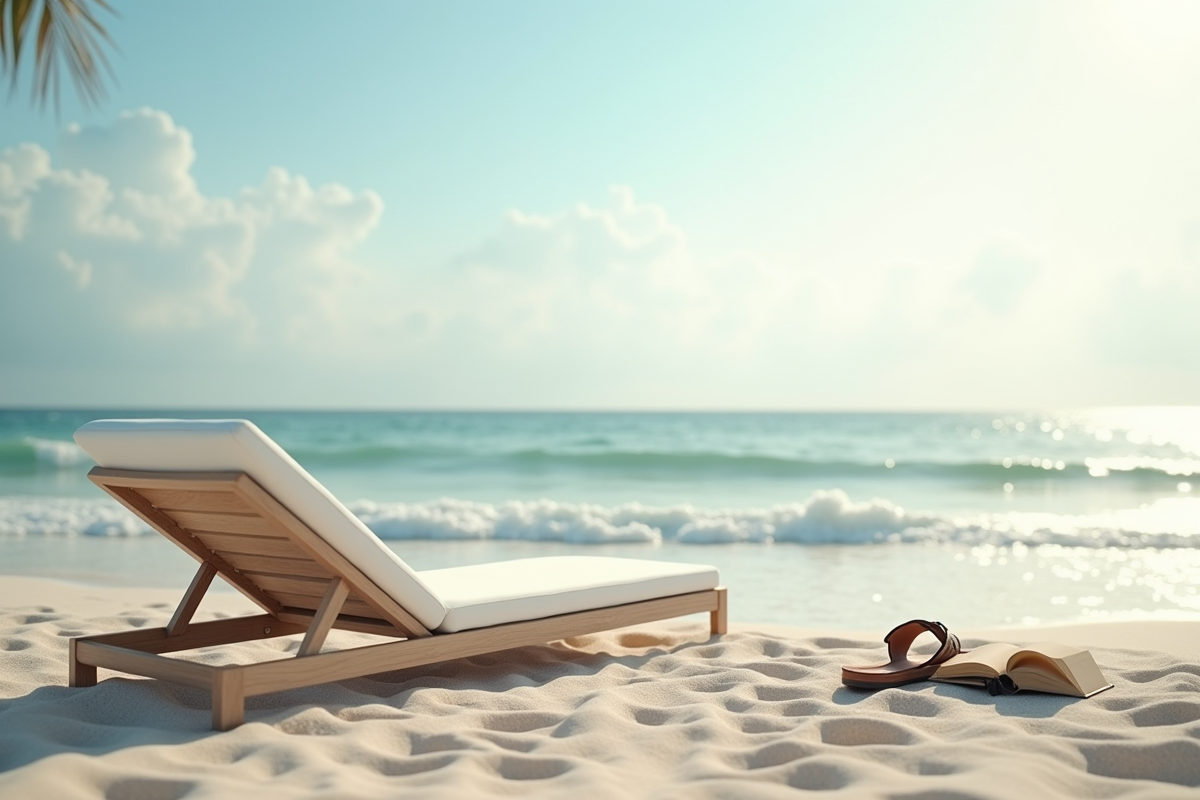 Chaises longues et sandales sur une plage calme au matin