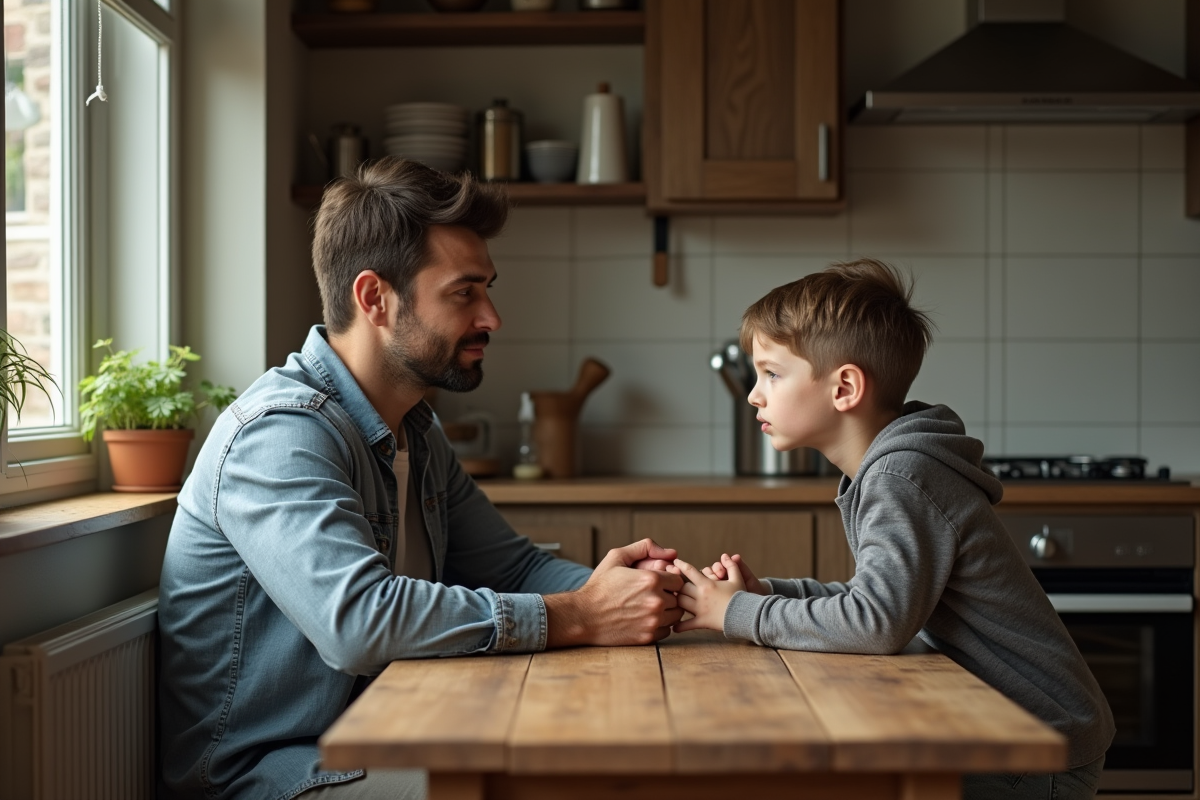 Père et fils dans une cuisine chaleureuse et authentique