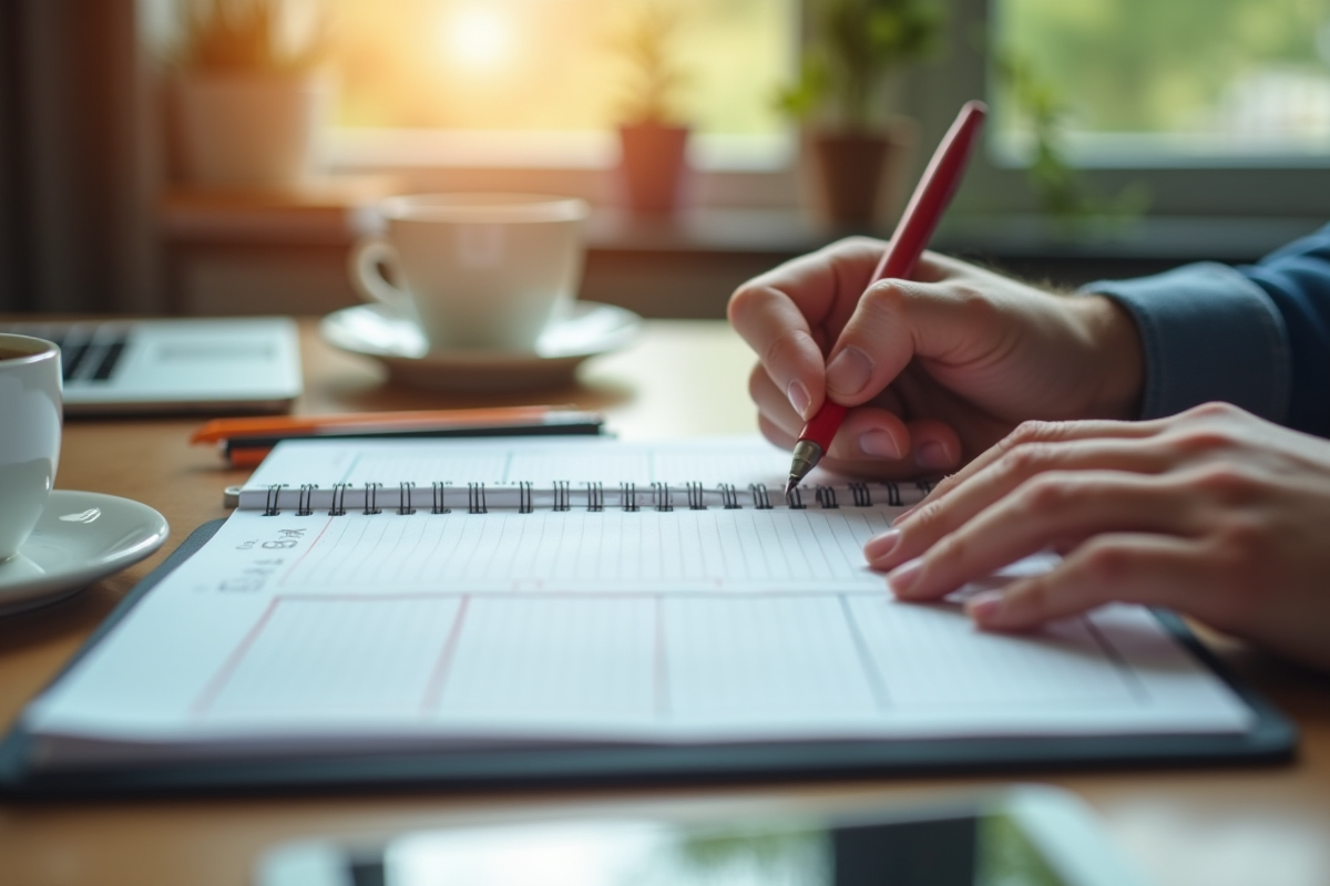Main écrivant dans un agenda avec café et téléphone