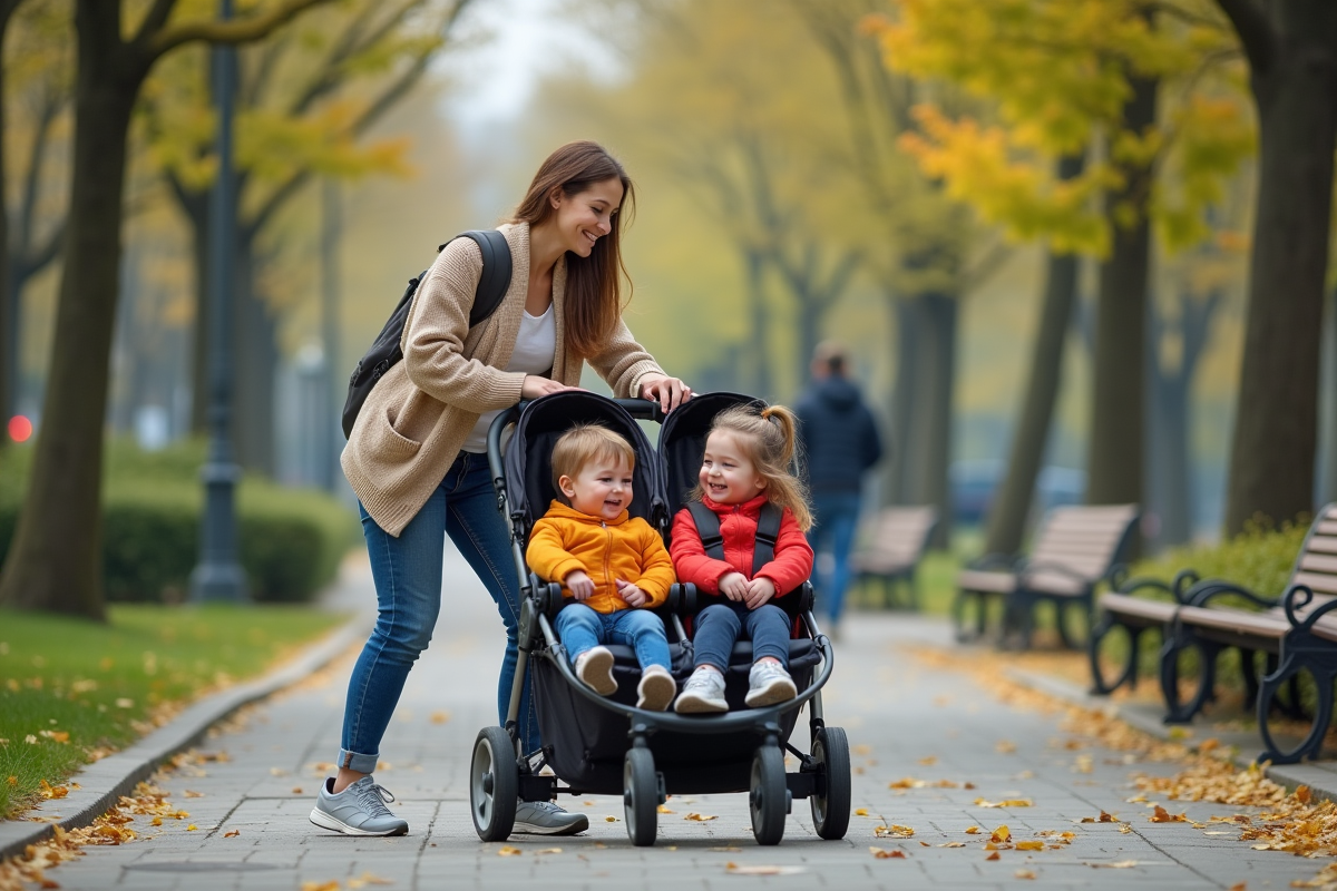 Maman poussant une poussette dans un parc urbain en fleurs
