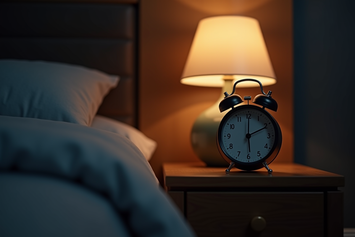 Réveil minimaliste indiquant 3h du matin sur une table de nuit