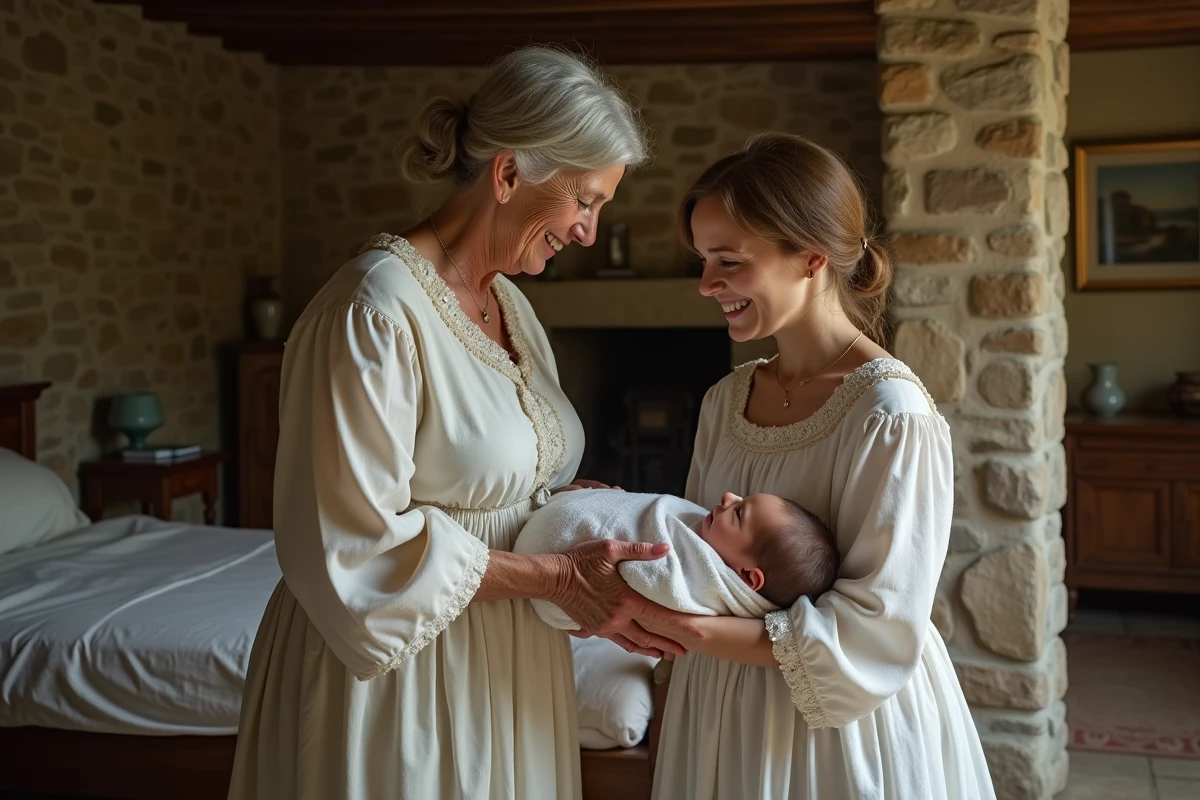 Sage-femme tenant un bébé dans une ferme ancienne