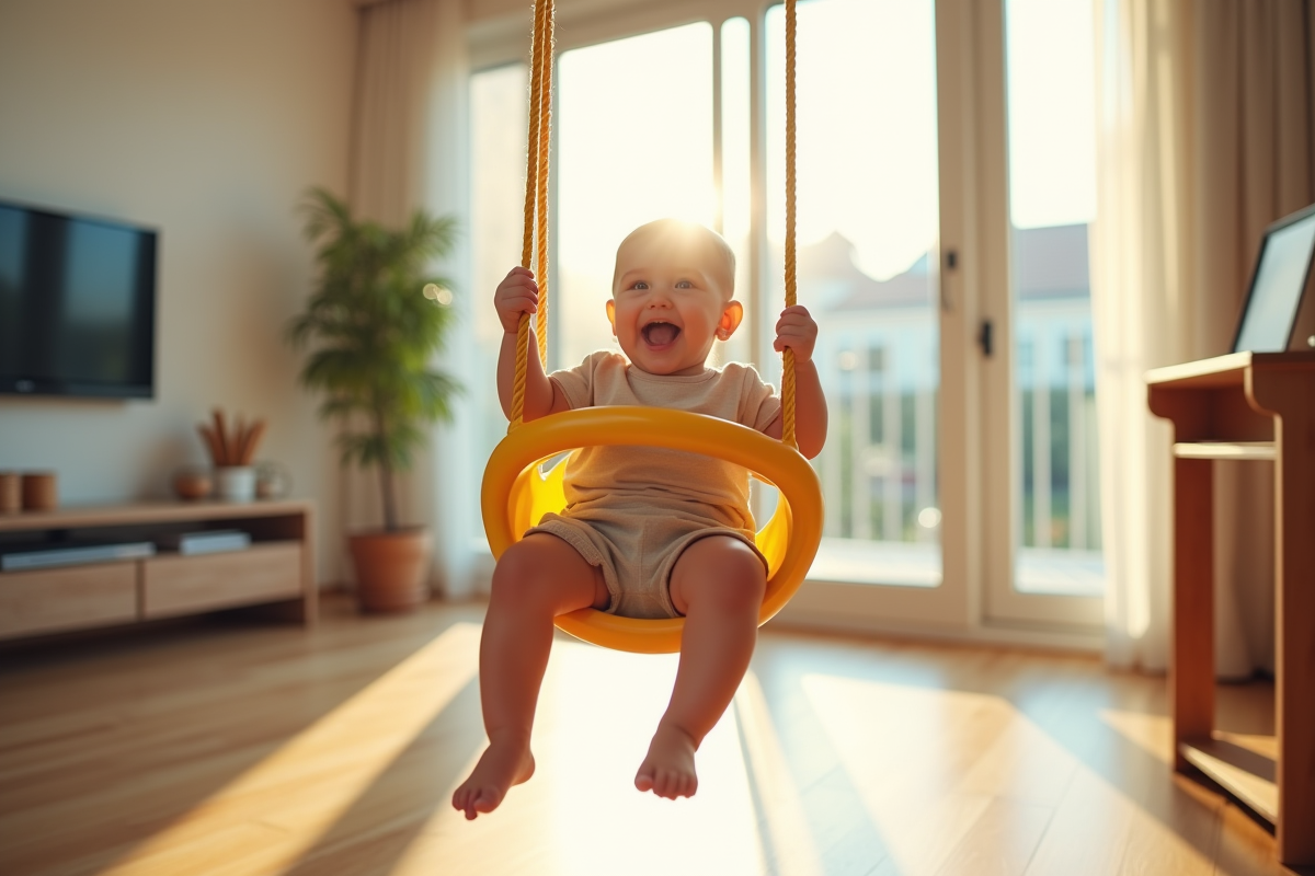 Bébé souriant dans une balançoire moderne en salon lumineux
