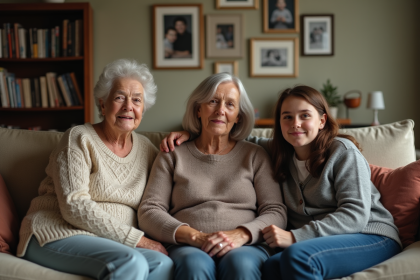 Trois g&eacute;n&eacute;rations de femmes assises ensemble dans un salon